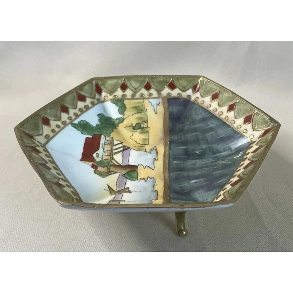 Imperial Nippon Hand Painted Footed Candy Dish Hexagon Water Scene READ‎ 7” VTG